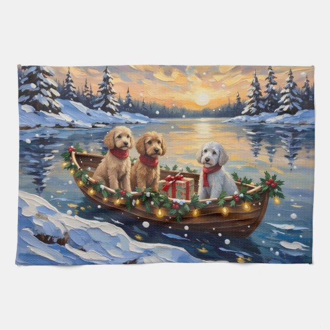 Poodle Christmas Boat Holiday Kitchen Towel (Horizontal)