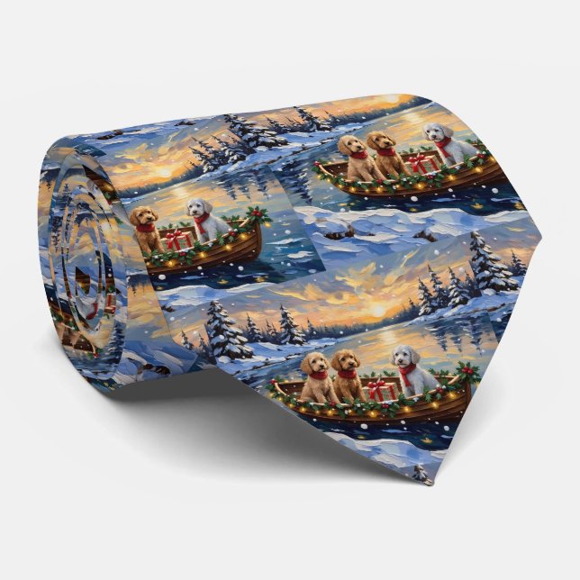 Poodle Christmas Boat Holiday Neck Tie (Rolled)