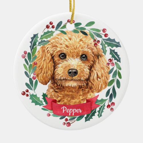 Poodle Christmas Elegant Watercolor Wreath Dog Ceramic Ornament