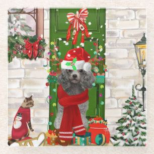 Poodle Christmas Glass Coaster