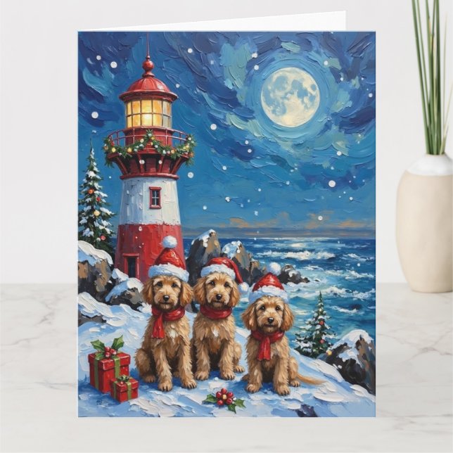 Poodle Christmas Lighthouse Holiday Card (Front)