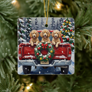 Poodle Christmas Red Truck Holiday Ceramic Ornament