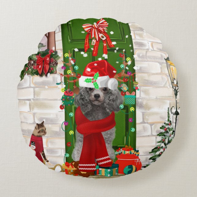 Poodle Christmas Round Pillow (Front)