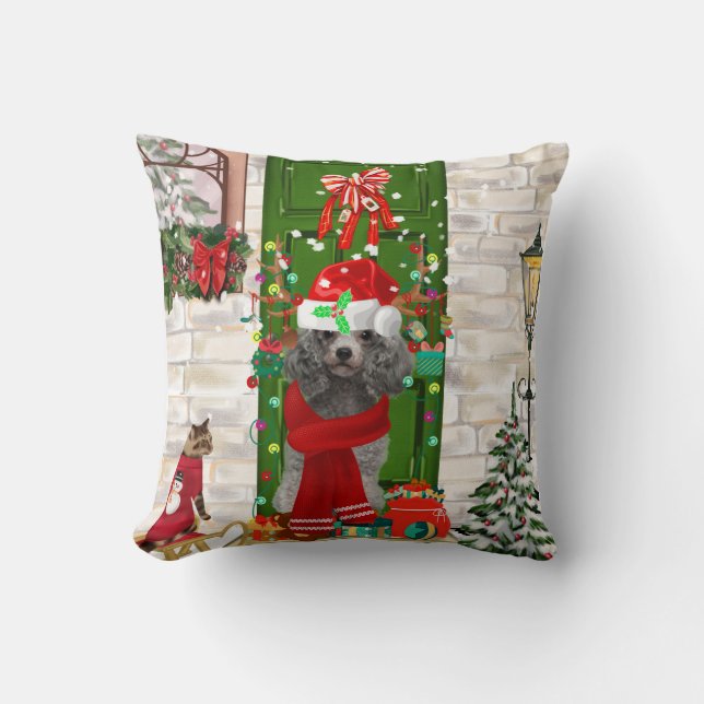 Poodle Christmas Throw Pillow (Front)