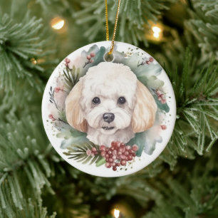 Poodle Christmas Wreath Festive Pup Ceramic Ornament