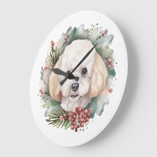 Poodle Christmas Wreath Festive Pup  Large Clock (Angle)