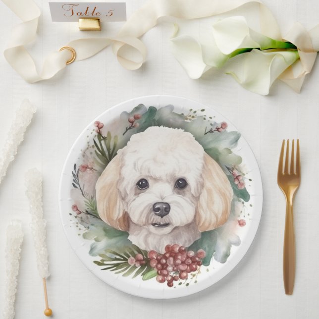 Poodle Christmas Wreath Festive Pup  Paper Plates (Wedding)