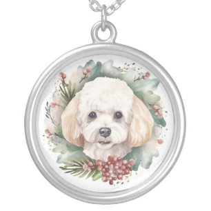 Poodle Christmas Wreath Festive Pup Silver Plated Necklace