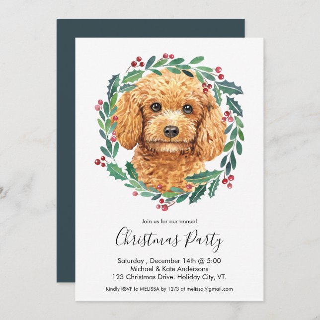 Poodle Cute Dog Elegant Wreath Christmas Party Invitation (Front/Back)