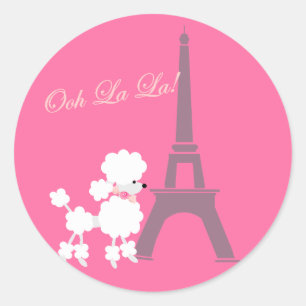 Poodle Dog and Eiffel Tower Paris Pink Gray Classic Round Sticker