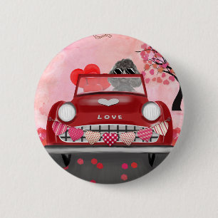 Poodle Dog Car with Hearts Valentine's Button