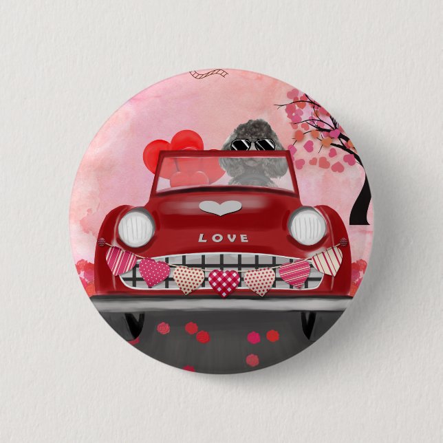 Poodle Dog Car with Hearts Valentine's   Button (Front)