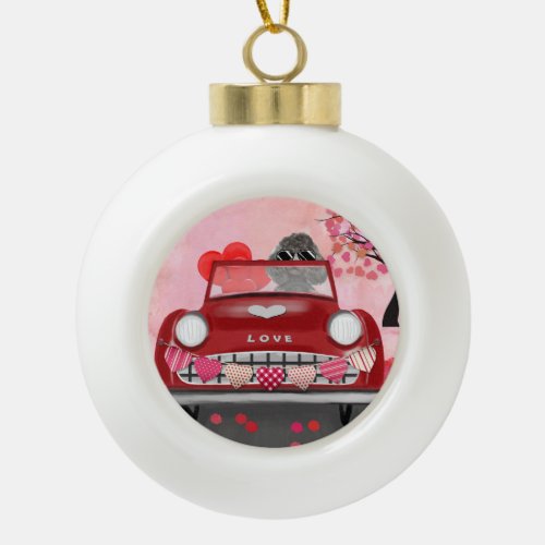 Poodle Dog Car with Hearts Valentines  Ceramic Ball Christmas Ornament