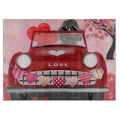 Poodle Dog Car with Hearts Valentines Cutting Board