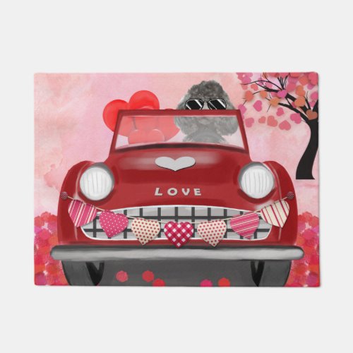 Poodle Dog Car with Hearts Valentines  Doormat