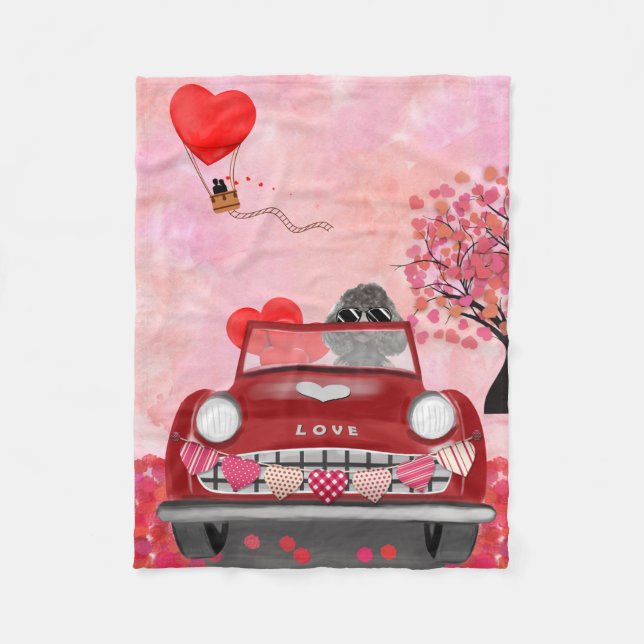 Poodle Dog Car with Hearts Valentine's Fleece Blanket (Front)