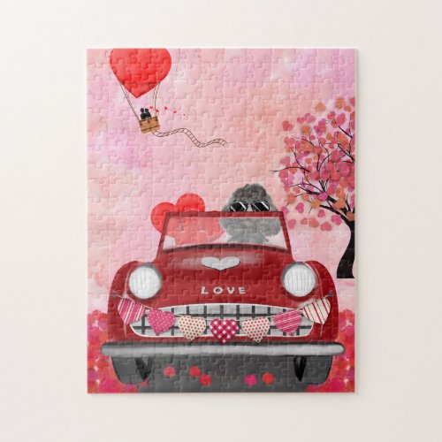 Poodle Dog Car with Hearts Valentines Jigsaw Puzzle