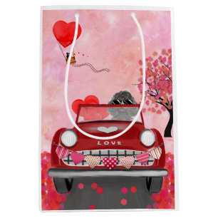 Poodle Dog Car with Hearts Valentine's Medium Gift Bag