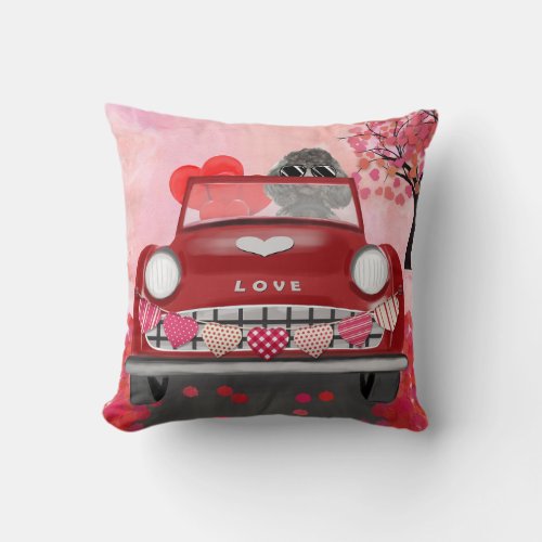 Poodle Dog Car with Hearts Valentines Throw Pillow