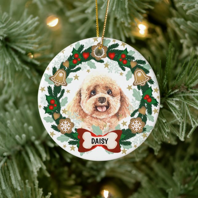 Poodle Dog Christmas Dog Cookie Wreath Ceramic Ornament (Tree)