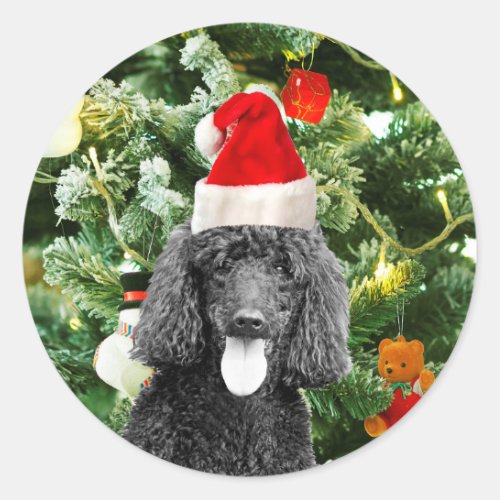 Poodle Dog Christmas Tree Snowman Red Santa Hat Classic Round Sticker