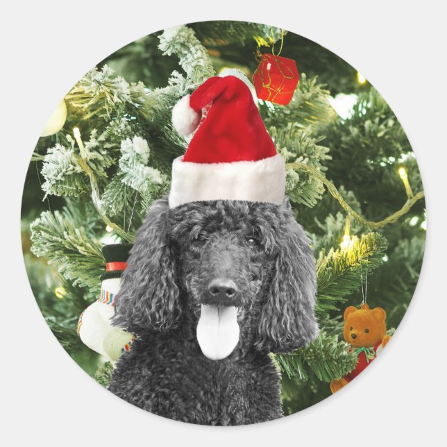 Poodle Dog Christmas Tree Snowman Red Santa Hat Classic Round Sticker (Front)