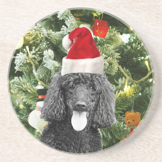 Poodle Dog Christmas Tree Snowman Red Santa Hat Coaster (Front)
