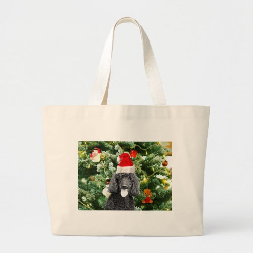 Poodle Dog Christmas Tree Snowman Red Santa Hat Large Tote Bag
