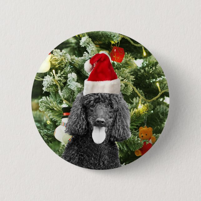 Poodle Dog Christmas Tree Snowman Red Santa Hat Pinback Button (Front)