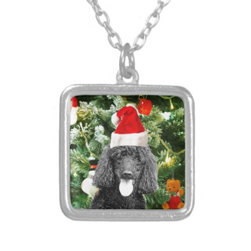 Poodle Dog Christmas Tree Snowman Red Santa Hat Silver Plated Necklace