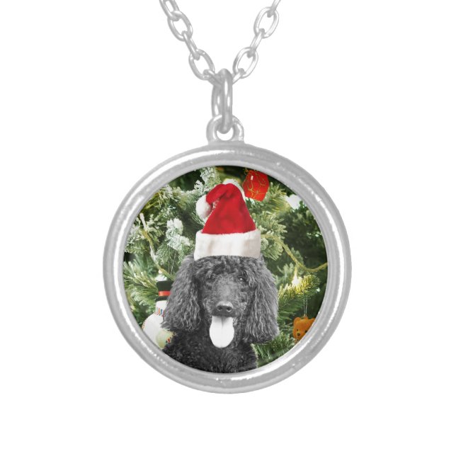 Poodle Dog Christmas Tree Snowman Red Santa Hat Silver Plated Necklace (Front)