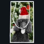 Poodle Dog Christmas Tree Snowman Red Santa Hat Small Gift Bag<br><div class="desc">Cute Poodle Dog wearing red santa hat with Christmas Tree Snowman ornament in background.</div>