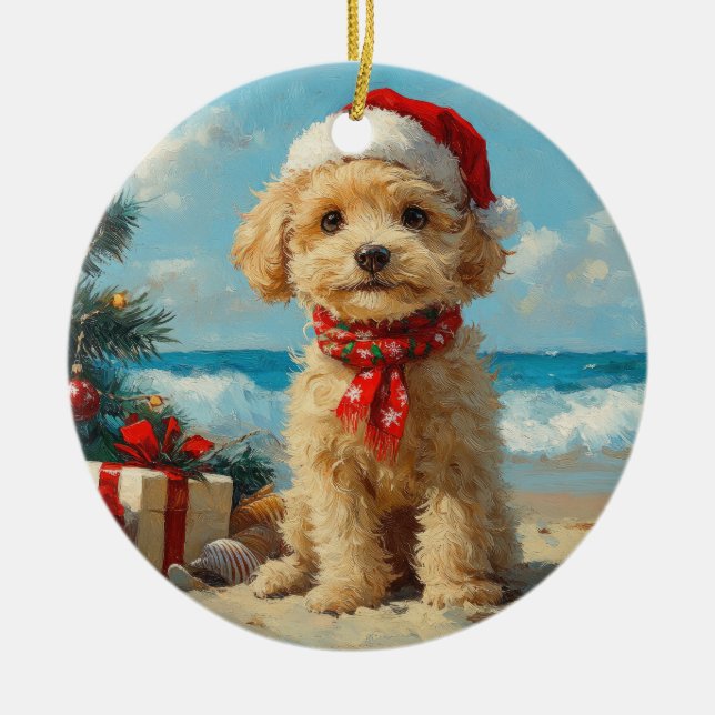 Poodle Dog Christmas Vintage Beach Ceramic Ornament (Front)