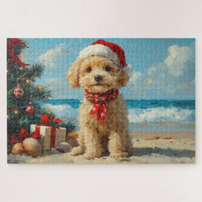 Poodle Dog Christmas Vintage Beach Jigsaw Puzzle (Horizontal)