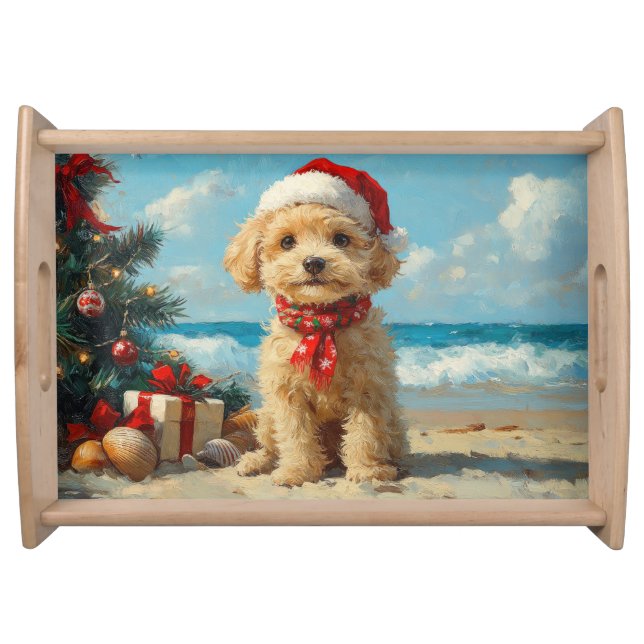 Poodle Dog Christmas Vintage Beach Serving Tray (Front)