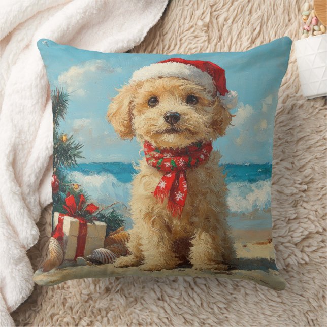 Poodle Dog Christmas Vintage Beach Throw Pillow (Blanket)