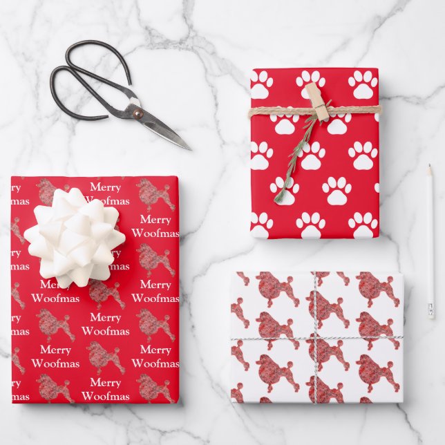 Poodle Dog Cute Silhouette Red Merry Woofmas Wrapping Paper Sheets (Front)