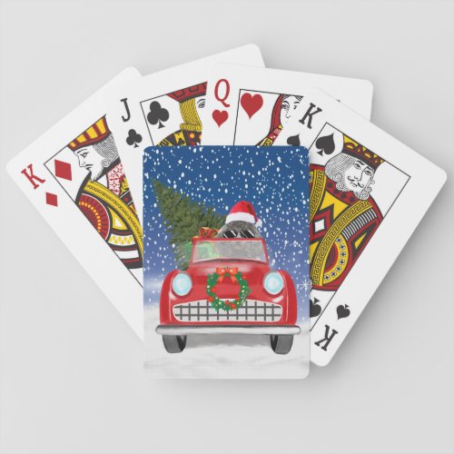 Poodle Dog Driving Car In Snow Christmas  Poker Cards