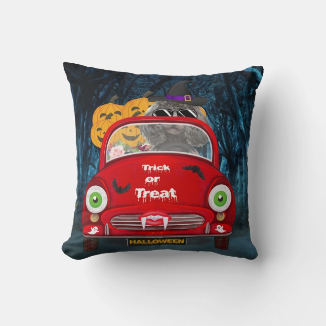 Poodle Dog Driving Car Scary Halloween Throw Pillow (Front)