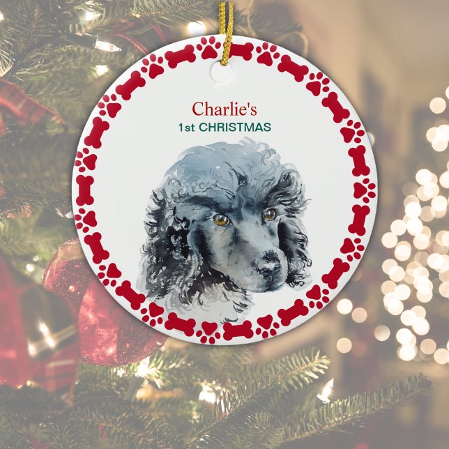 Poodle Dog First Christmas Custom Name Year Ceramic Ornament (Add Dog's Name, and Year on reverse.  Change 1st Christmas to other text, if required, or delete.)