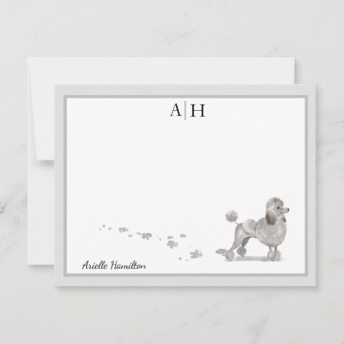 Poodle Dog Gray Border Monogram Personalized Note Card
