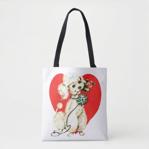 Poodle Dog Holding Flowers Heart Valentine Love Tote Bag