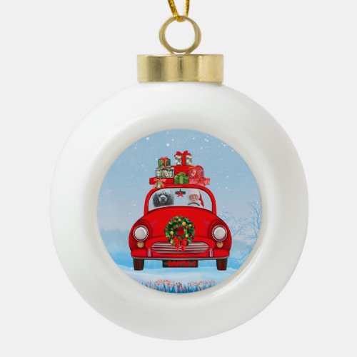 Poodle Dog In Car With Santa Claus Ceramic Ball Christmas Ornament