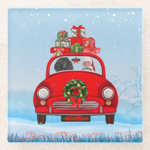 Poodle Dog In Car With Santa Claus Glass Coaster