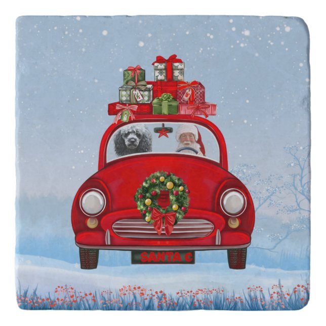 Poodle Dog In Car With Santa Claus Trivet (Front)
