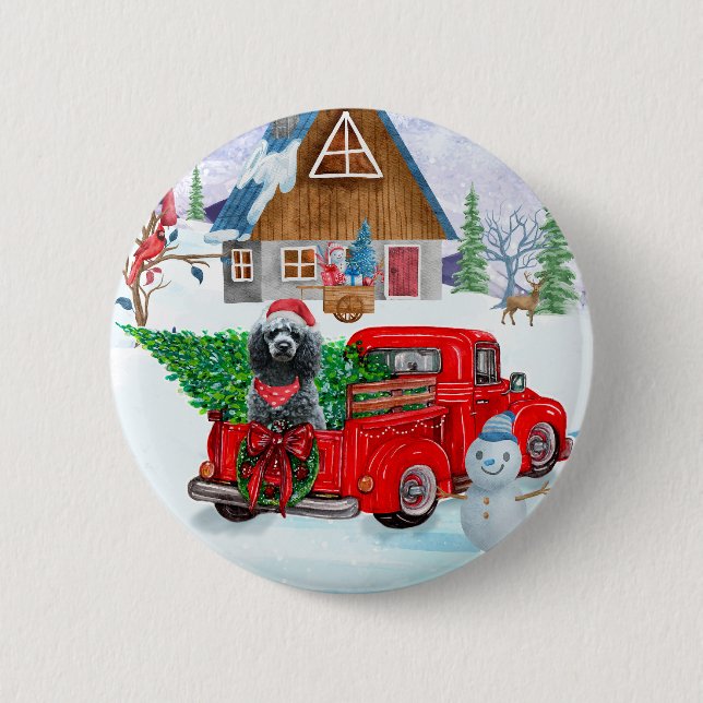 Poodle Dog In Christmas Delivery Truck Snow Button (Front)