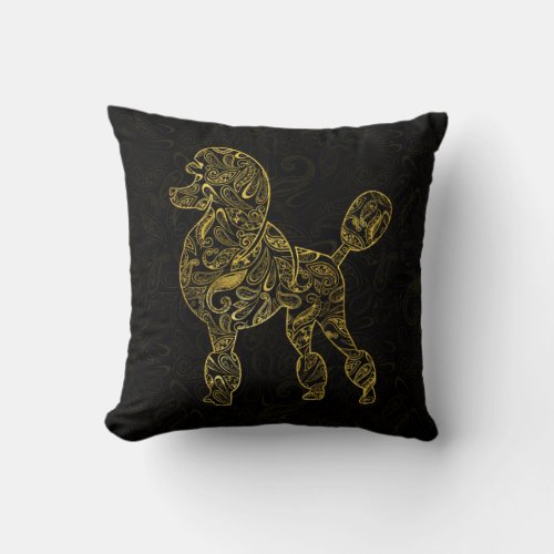 Poodle Dog in  Gold Paisley pattern Throw Pillow