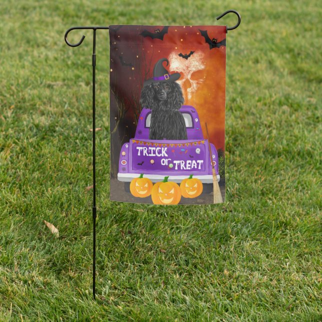 Poodle Dog in Halloween Truck Garden Flag (In SItu)