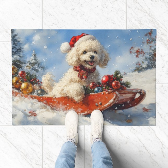 Poodle Dog in Sledge Let it Snow Christmas Doormat (Indoor)