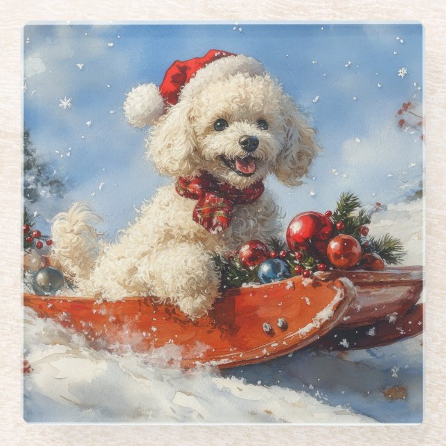 Poodle Dog in Sledge Let it Snow Christmas Glass Coaster (Front)
